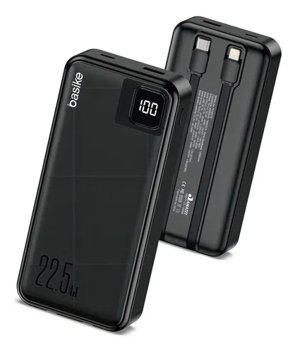 Power Bank Basike 20000mAh Preto, Carga Rápida 22.5W para iPhone e Samsung, Com Cabos Embutidos e Display