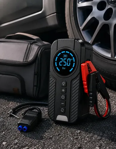Auxiliar De Partida Bateria Carro Compressor De Ar Portátil 12V 4 funções em 1 Inflador Digital Calibrador Pneu Power Bank Lanterna LED Emergência Automotiva Moto SUV Bicicleta Caminhonete MidiaFone